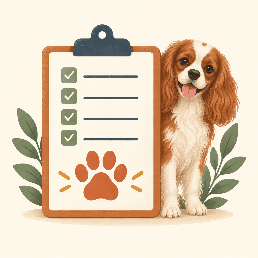 A Blenheim Cavalier King Charles Spaniel stands beside a clipboard of checked items and a terracotta paw print.