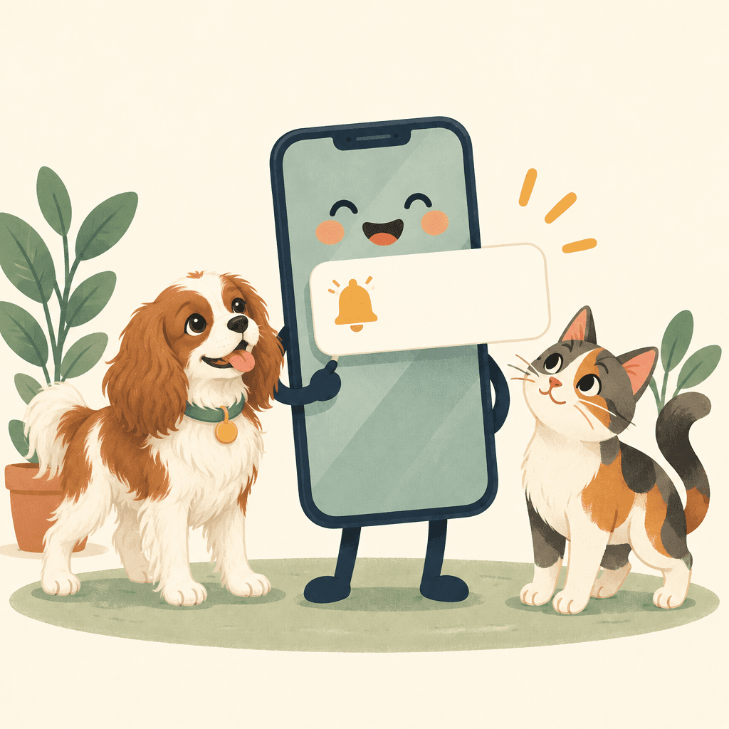 A Blenheim Cavalier King Charles Spaniel puppy and a calico cat stand next to a phone showing a reminder bell.