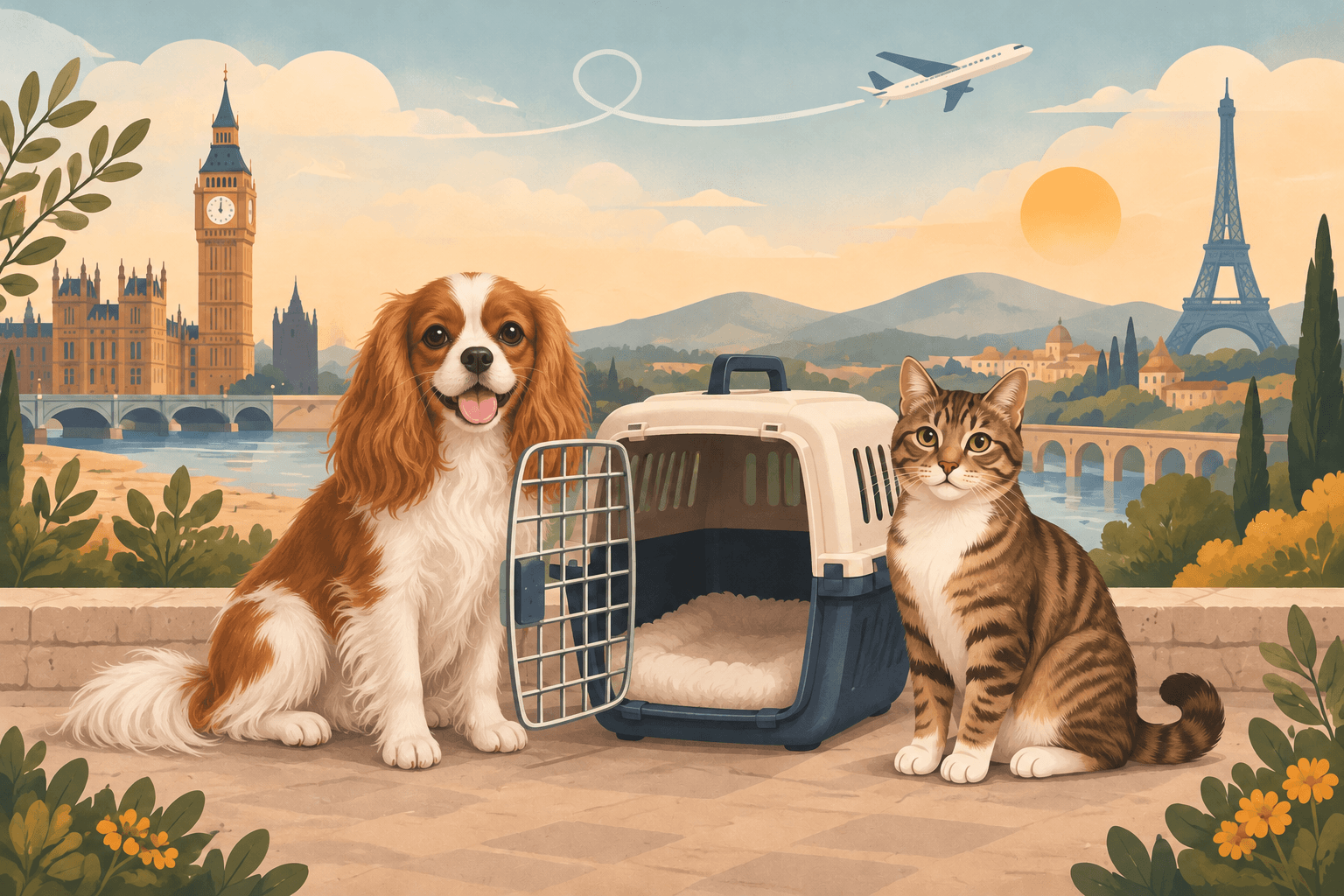 A Blenheim Cavalier King Charles Spaniel and a tabby cat sit beside an open pet carrier, with London behind the dog, Paris behind the cat, and a plane overhead.