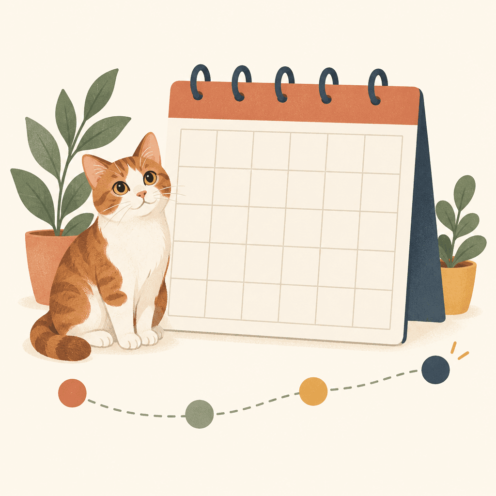 An orange tabby sits beside a desk calendar, with a dotted timeline in terracotta, sage, gold, and navy.